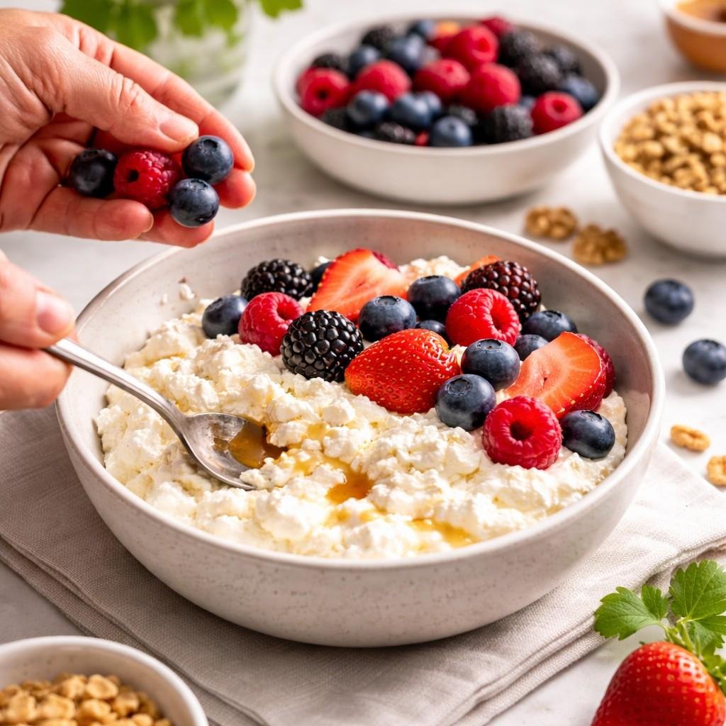 Preparing a berry cottage cheese bowl