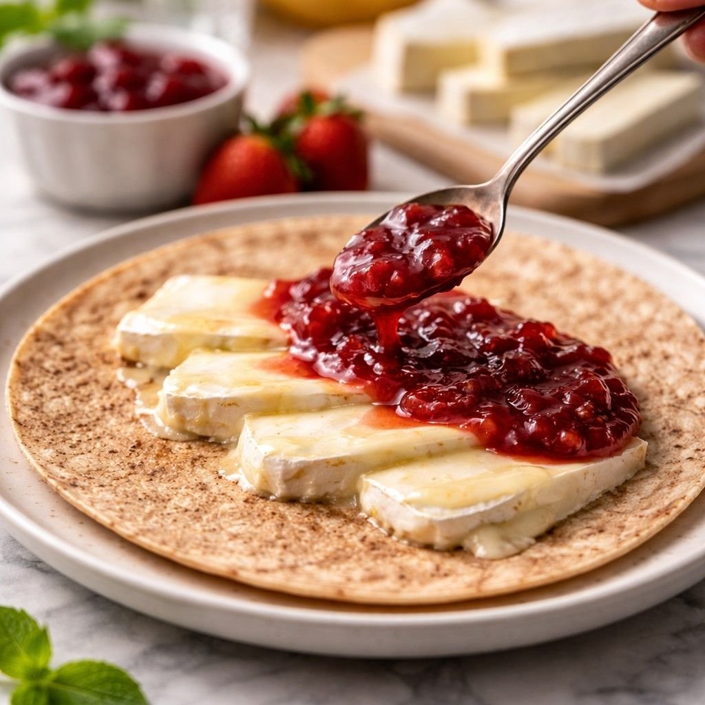 Preparing a brie and jam wrap