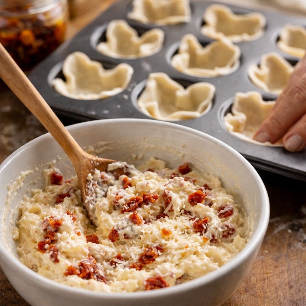 Preparing ricotta sun-dried tomato bites