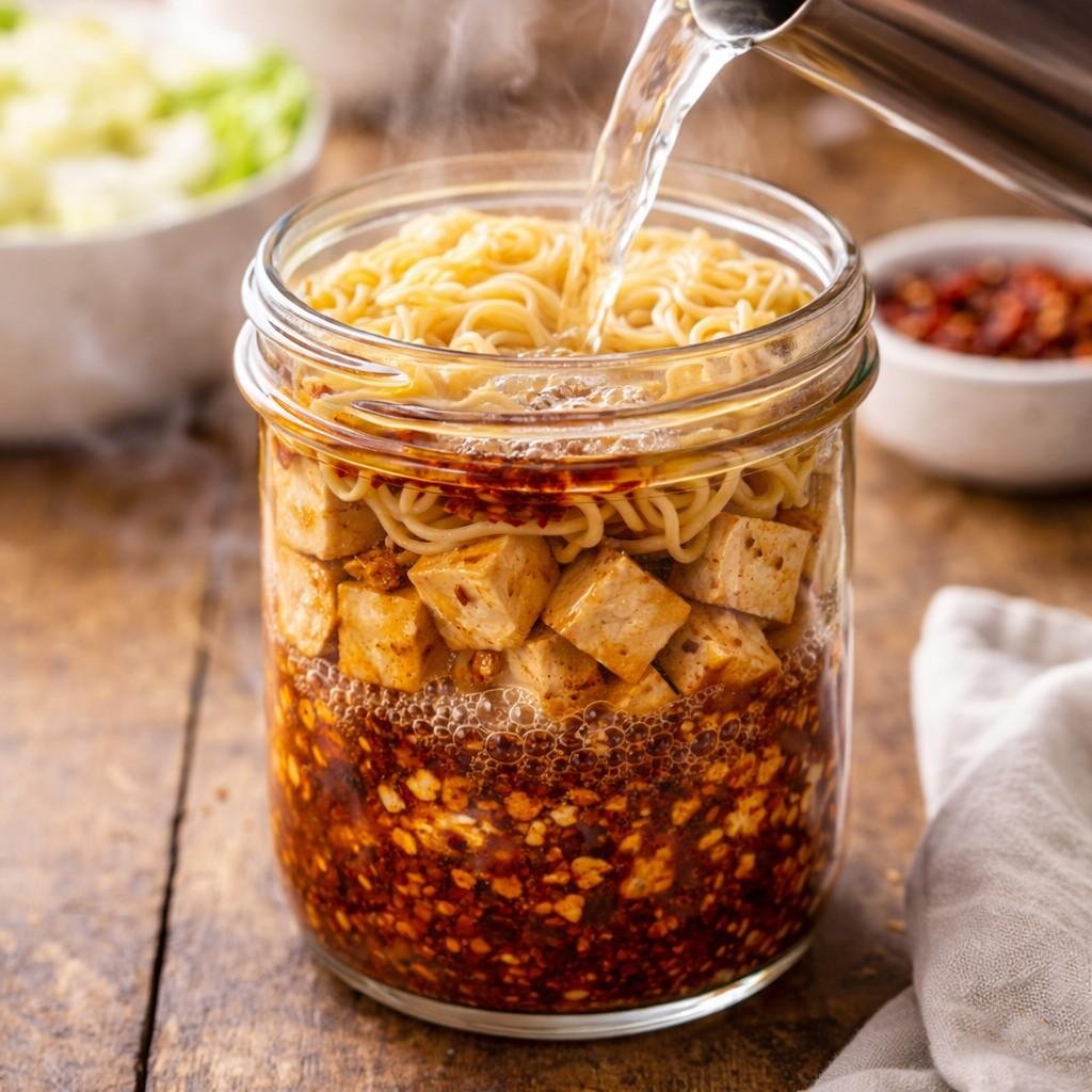 Preparing spicy Sichuan ramen jar