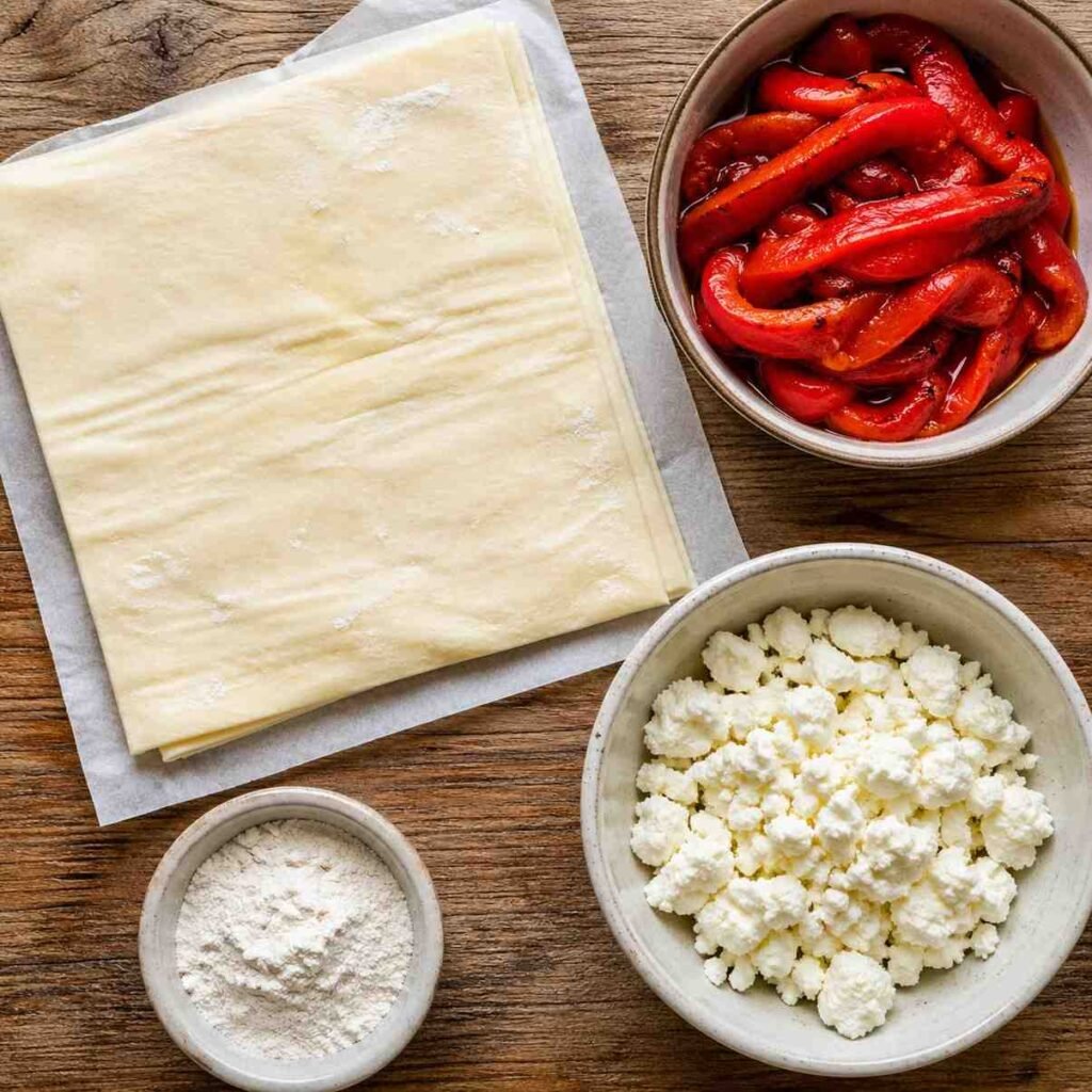 Puff Pastry Bites with Roasted Red Peppers and Feta ingredients