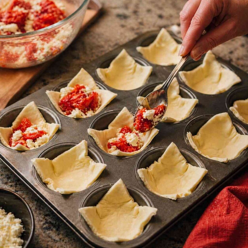Puff Pastry Bites with Roasted Red Peppers and Feta preparation