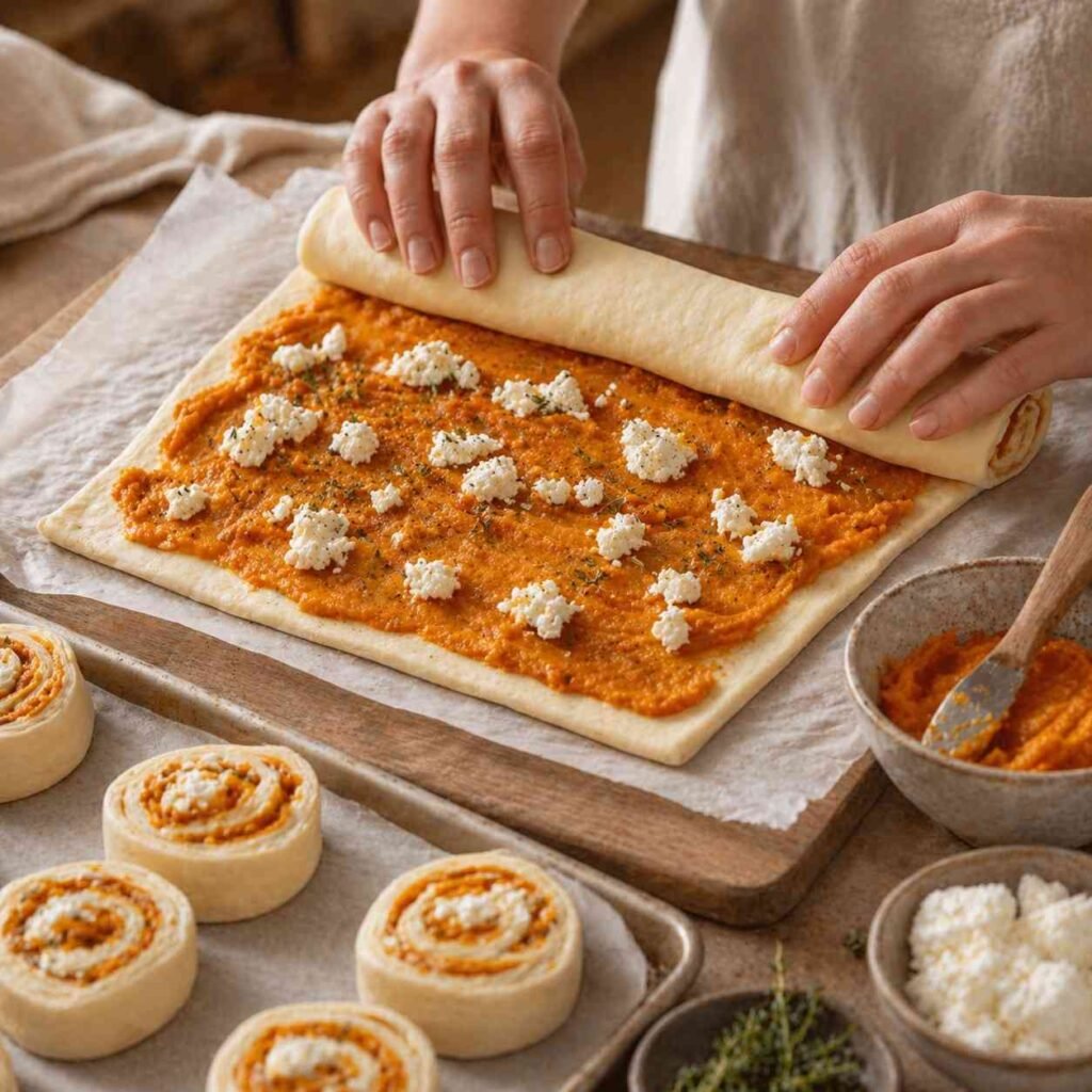 Pumpkin Goat Cheese Puff Pastry Rolls prep