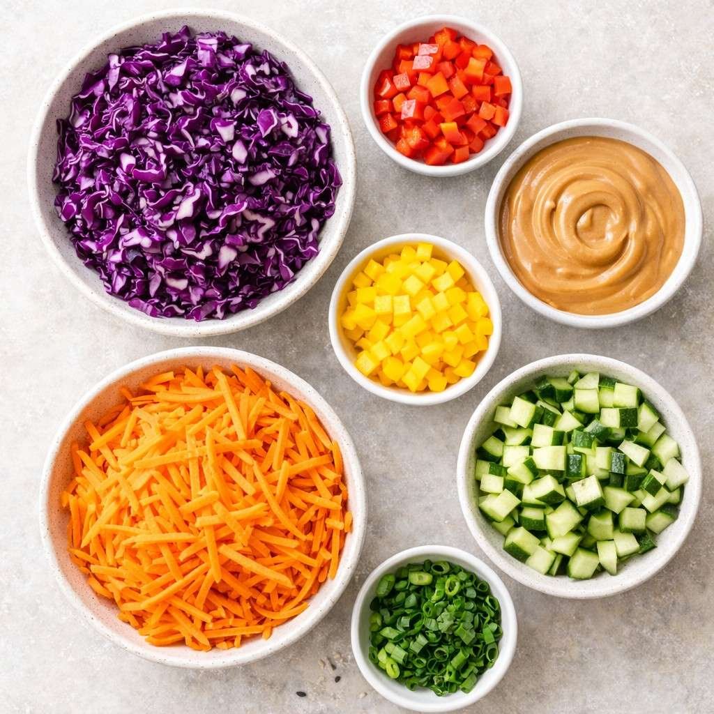 Rainbow salad ingredients with peanut sauce