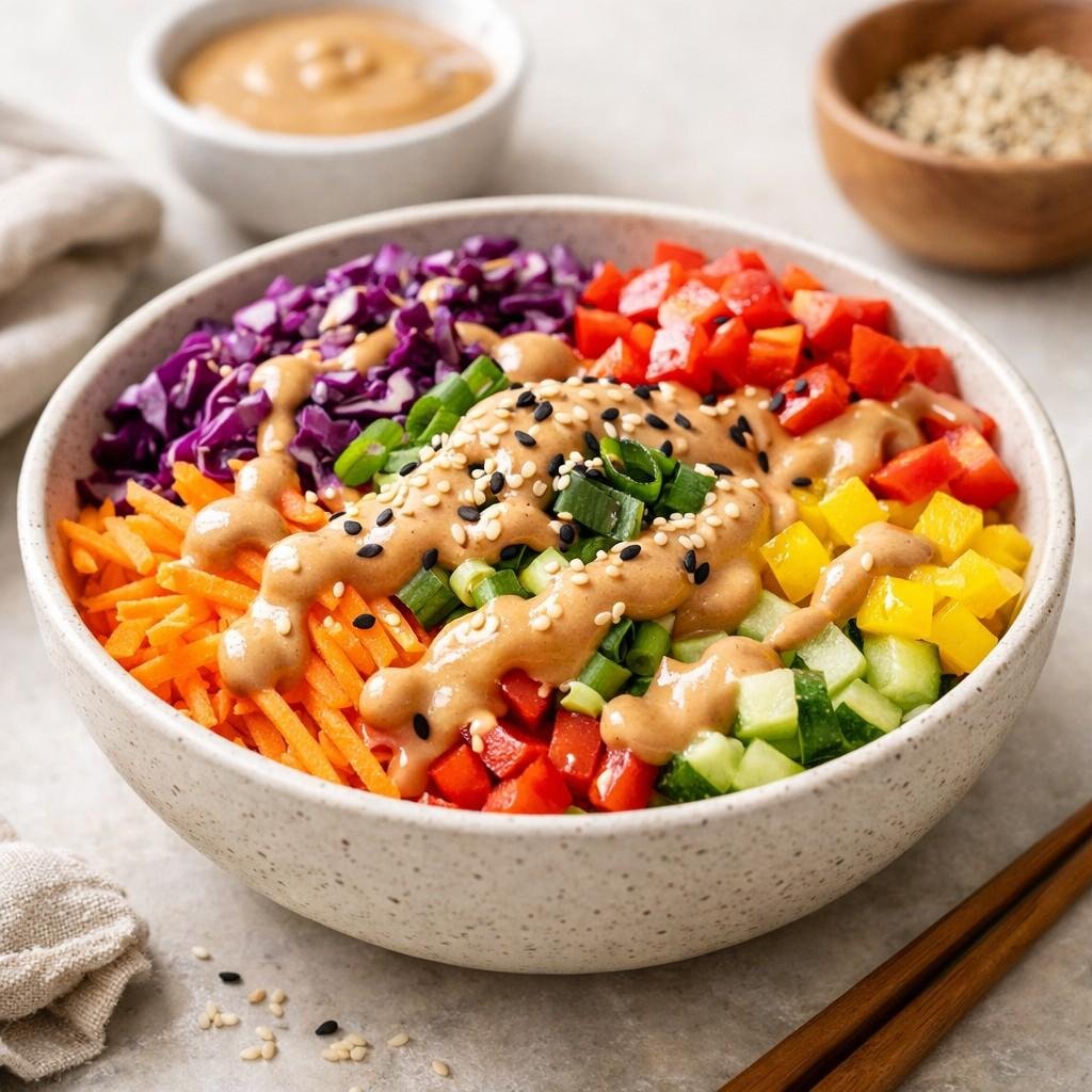 Rainbow salad with peanut sauce