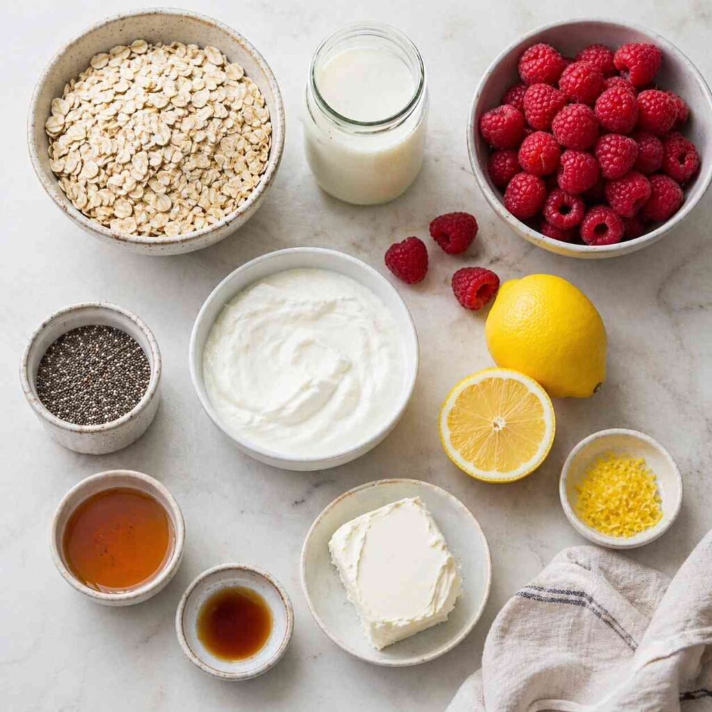 Raspberry Lemon Cheesecake Overnight Oats ingredients