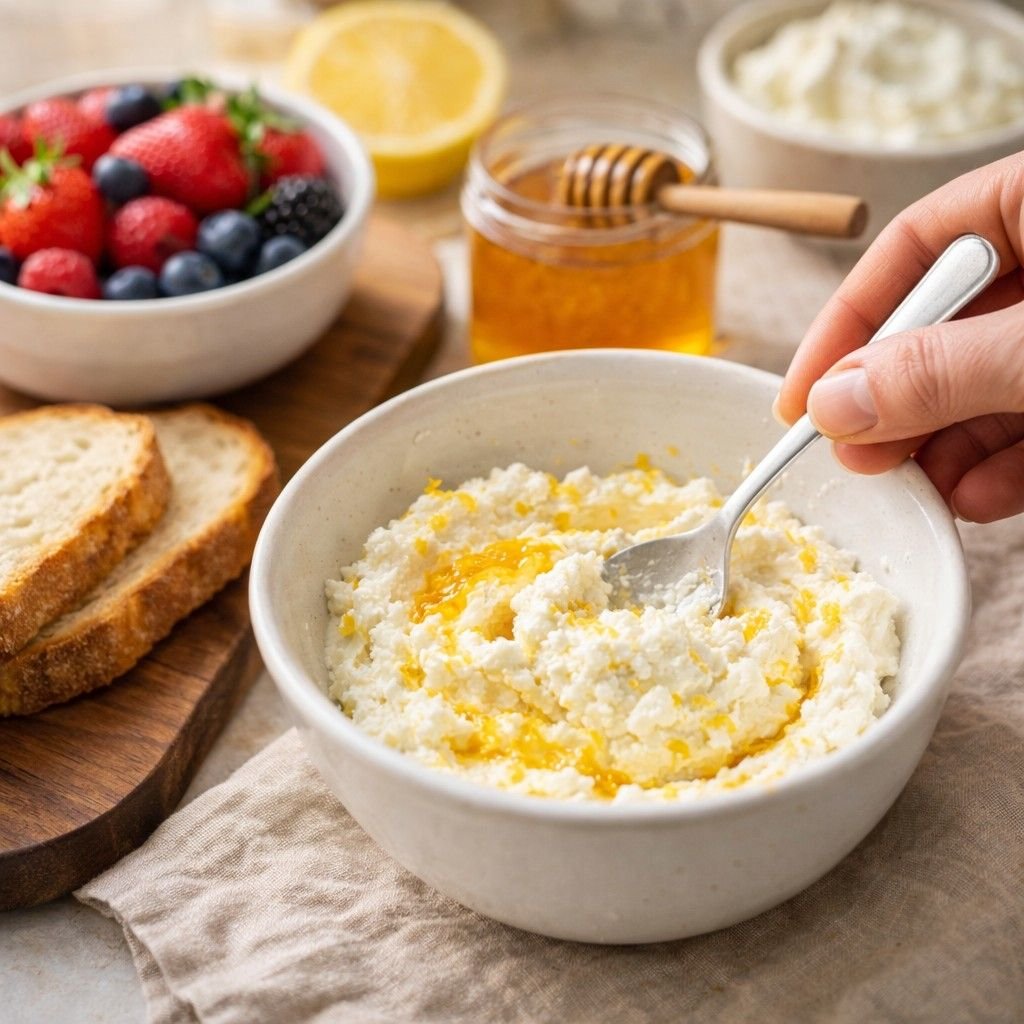 Ricotta, honey, and toast preparation
