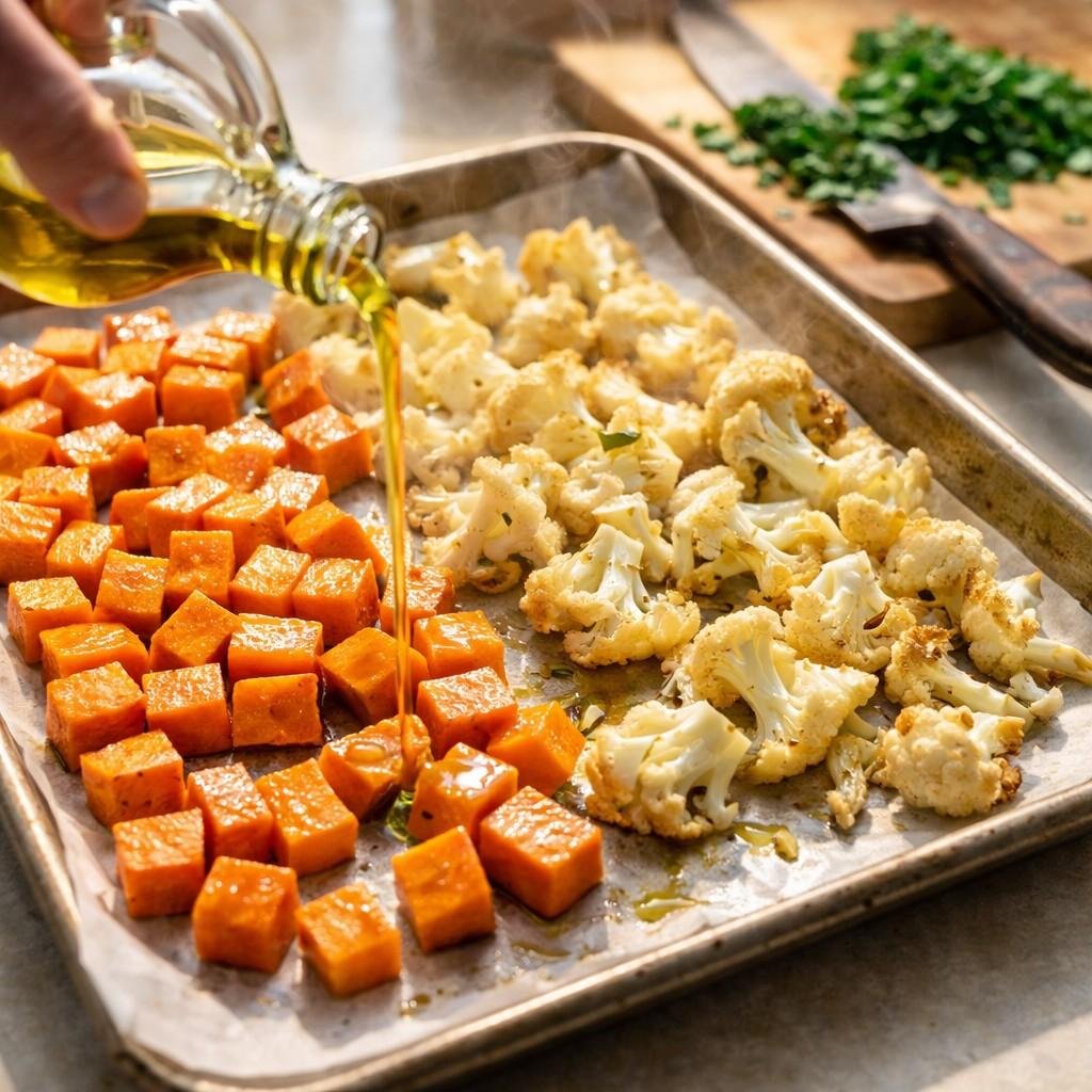 Roasted sweet potatoes and cauliflower drizzle