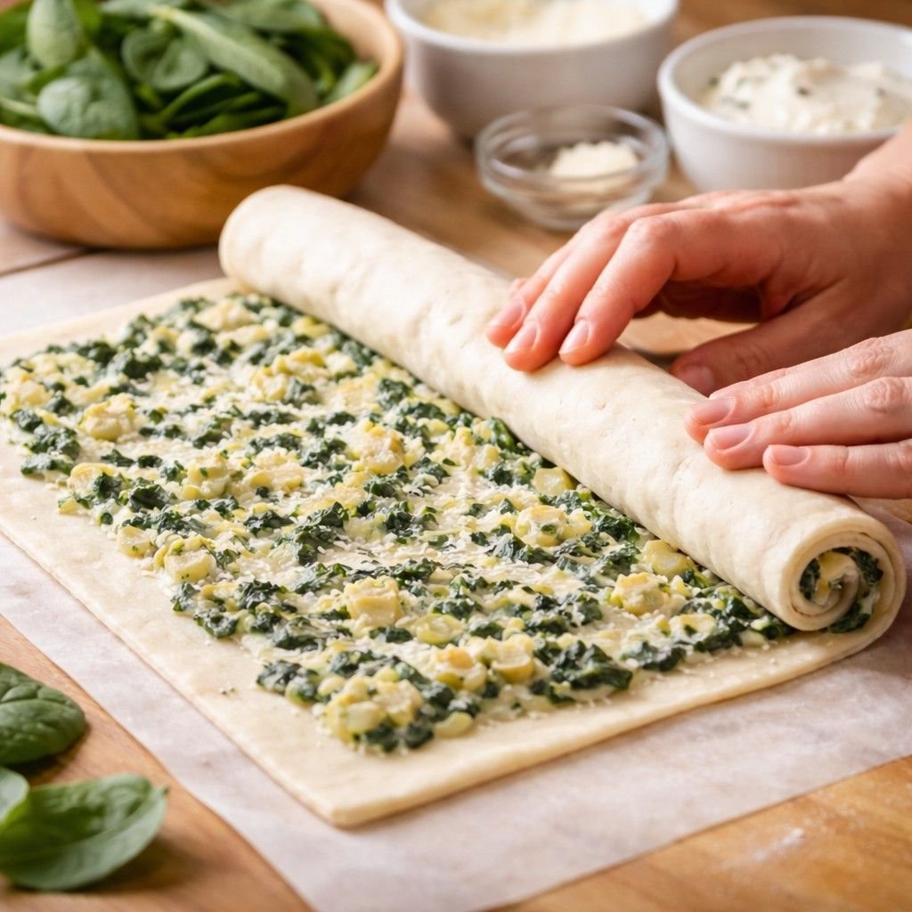 Rolling a spinach and artichoke pastry