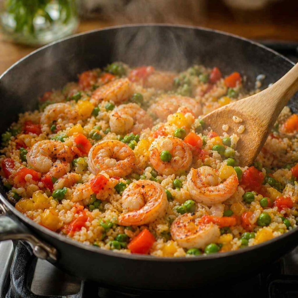 Skillet Shrimp with Rice and Peas prep