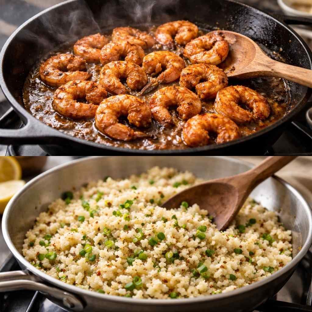 Spicy Cajun Shrimp with Cauliflower Rice Bowl prep