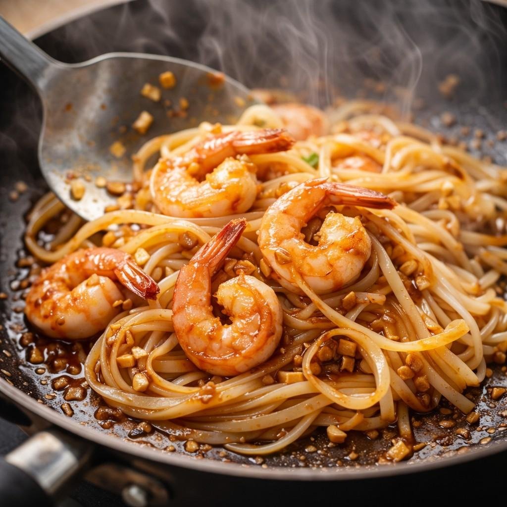Stir-frying shrimp pad Thai