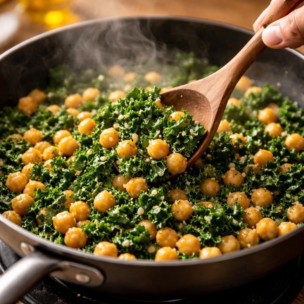 Stirring chickpeas and kale sautéing