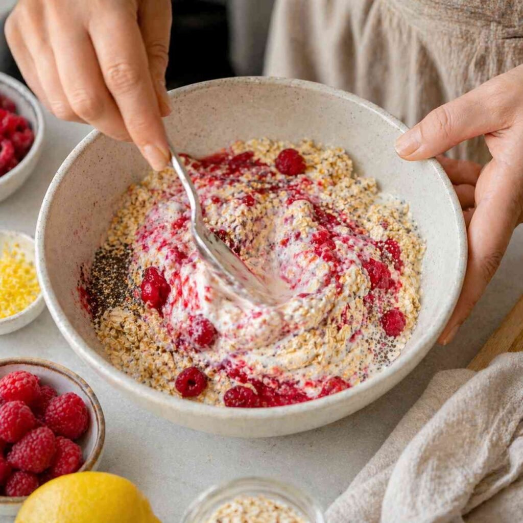 Stirring oatmeal with fresh raspberries