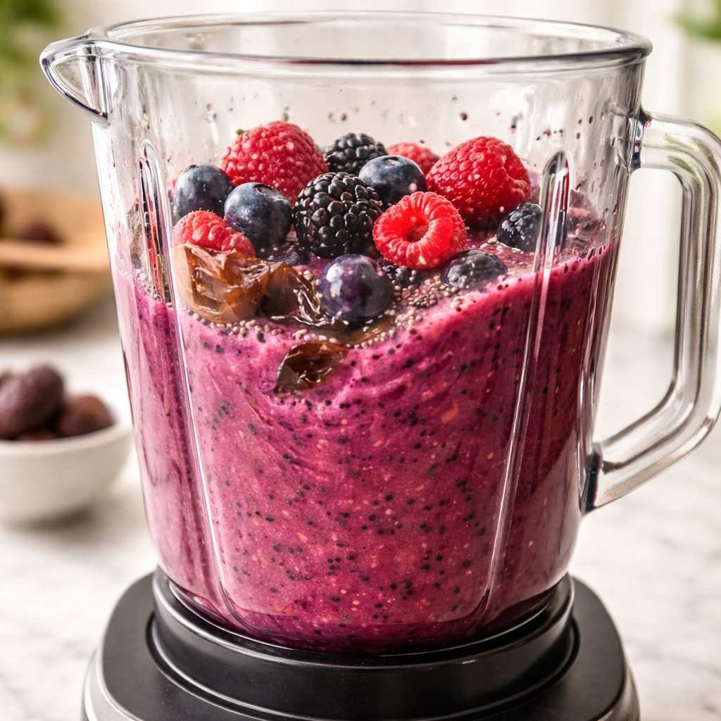 Swirling berry smoothie in blender