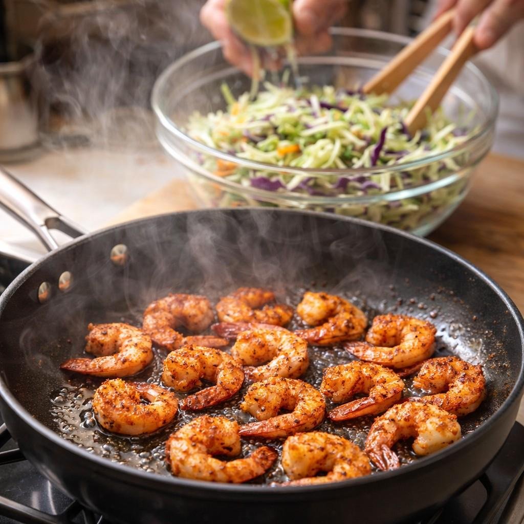 Tajin Shrimp Tacos preparation