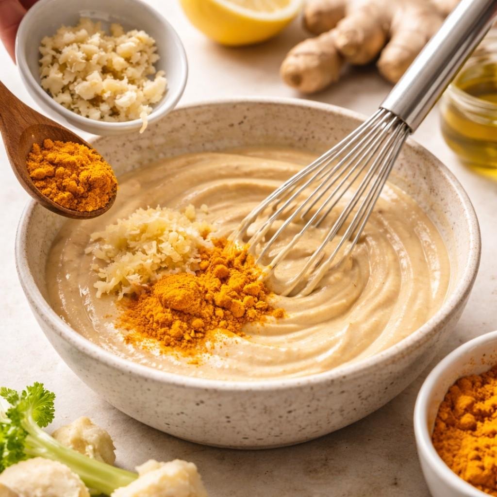 Turmeric ginger tahini dip preparation