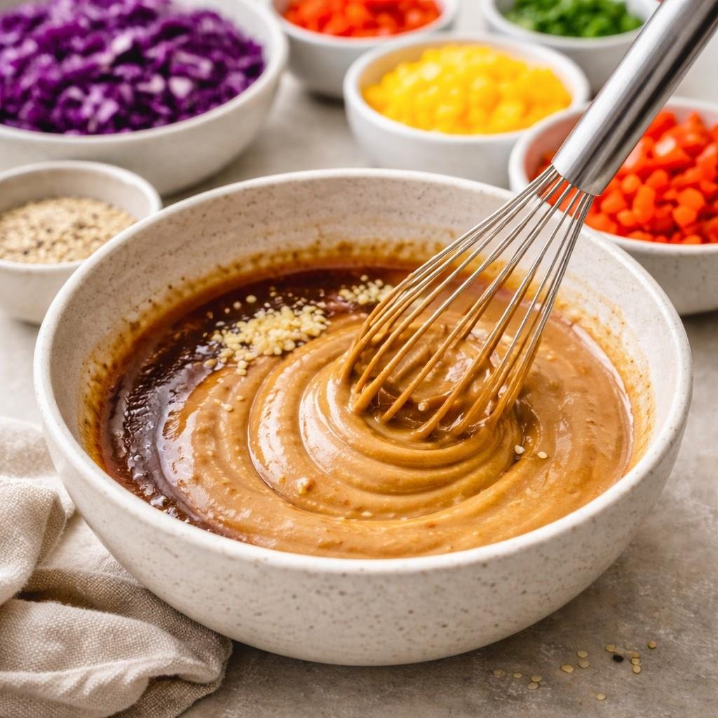 Whisking creamy peanut sauce in bright light