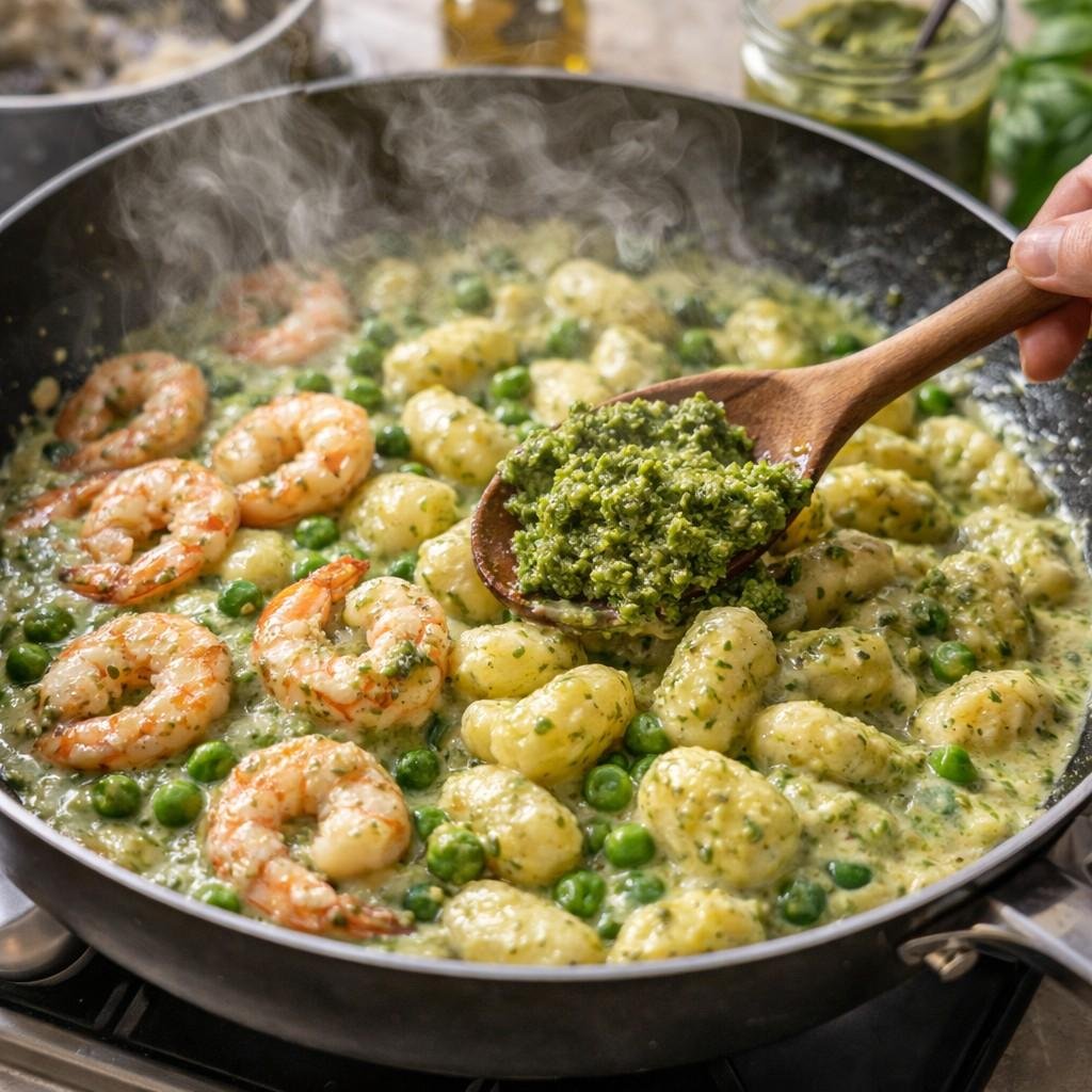 pesto shrimp gnocchi in progress