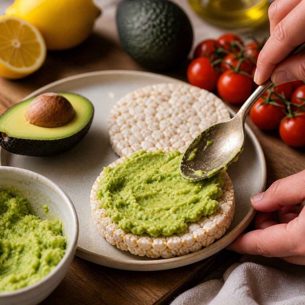 Avocado Rice Cake Toast prep