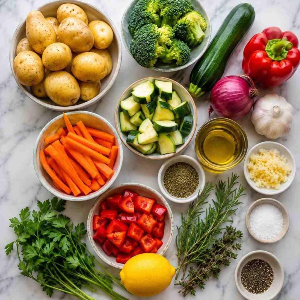 Crispy Garlic Herb Roasted Potatoes and Vegetables ingredients