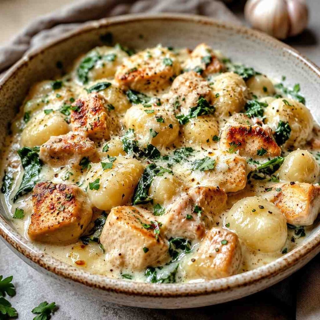 Garlic Asiago Chicken Gnocchi Bake