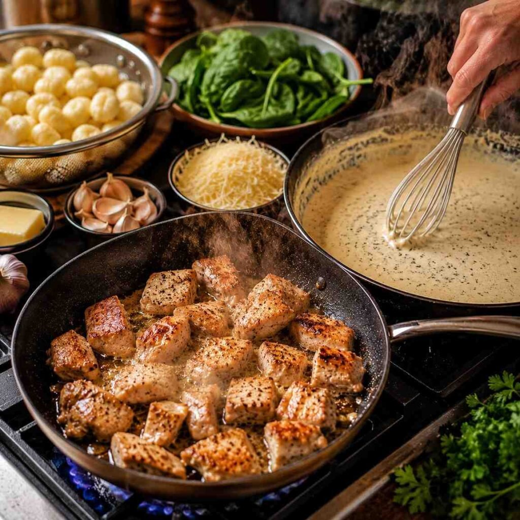 Garlic Asiago Chicken Gnocchi Bake prep