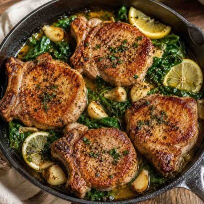 Garlic Butter Pork Chops with Lemon Spinach