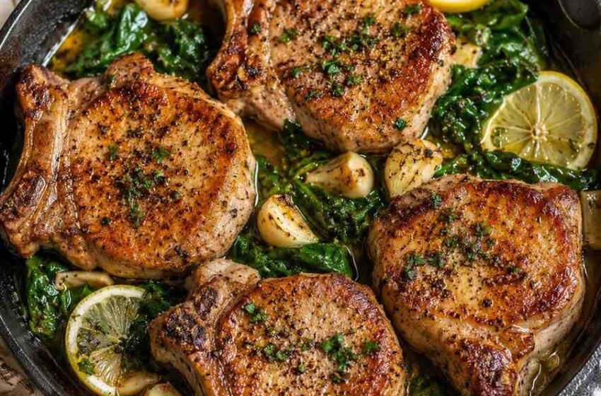 Garlic Butter Pork Chops with Lemon Spinach