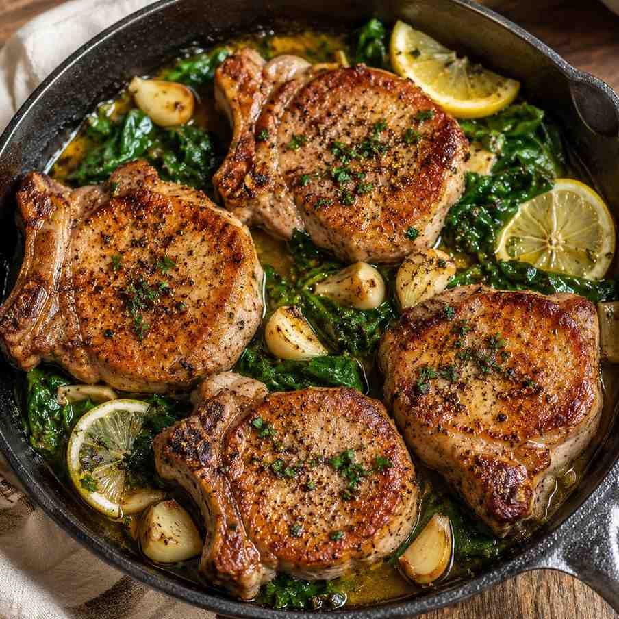 Garlic Butter Pork Chops with Lemon Spinach