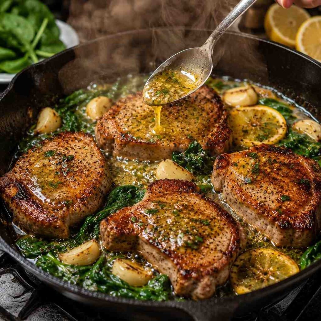 Garlic Butter Pork Chops with Lemon Spinach prep