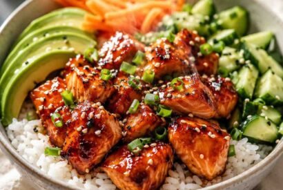Thumbnail for Sticky Honey Glazed Salmon Bowls with Rice and Fresh Veggies