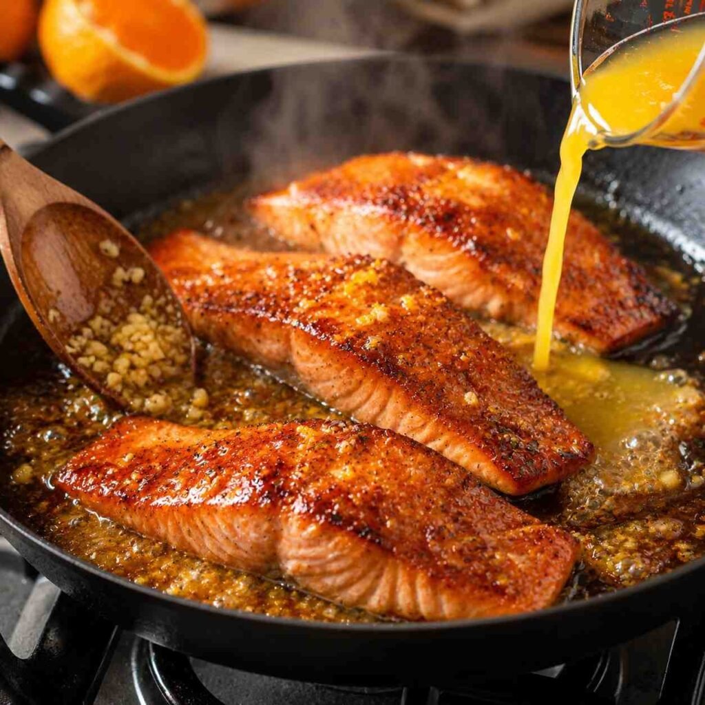 Orange Honey Glazed Salmon Skillet prep