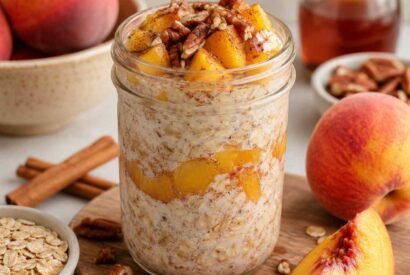 Thumbnail for Peach Cobbler Overnight Oats with Cinnamon and Fresh Peaches