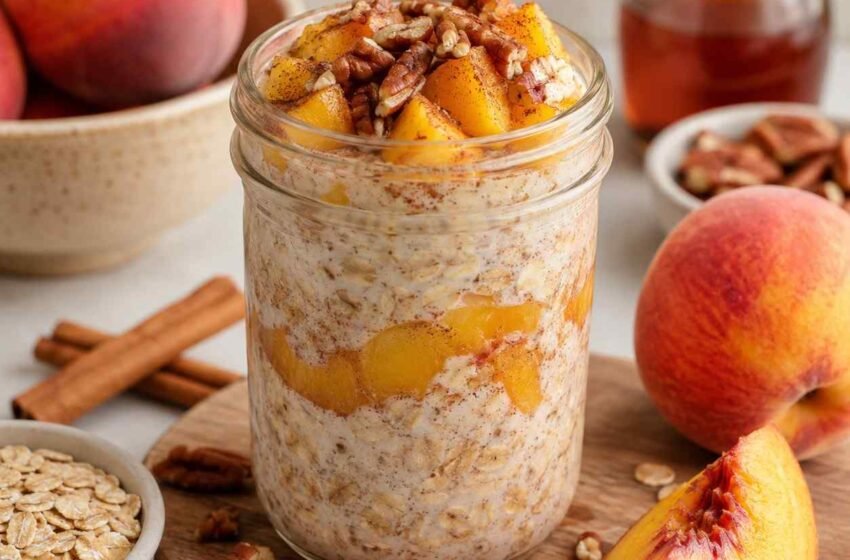 Peach Cobbler Overnight Oats with Cinnamon and Fresh Peaches