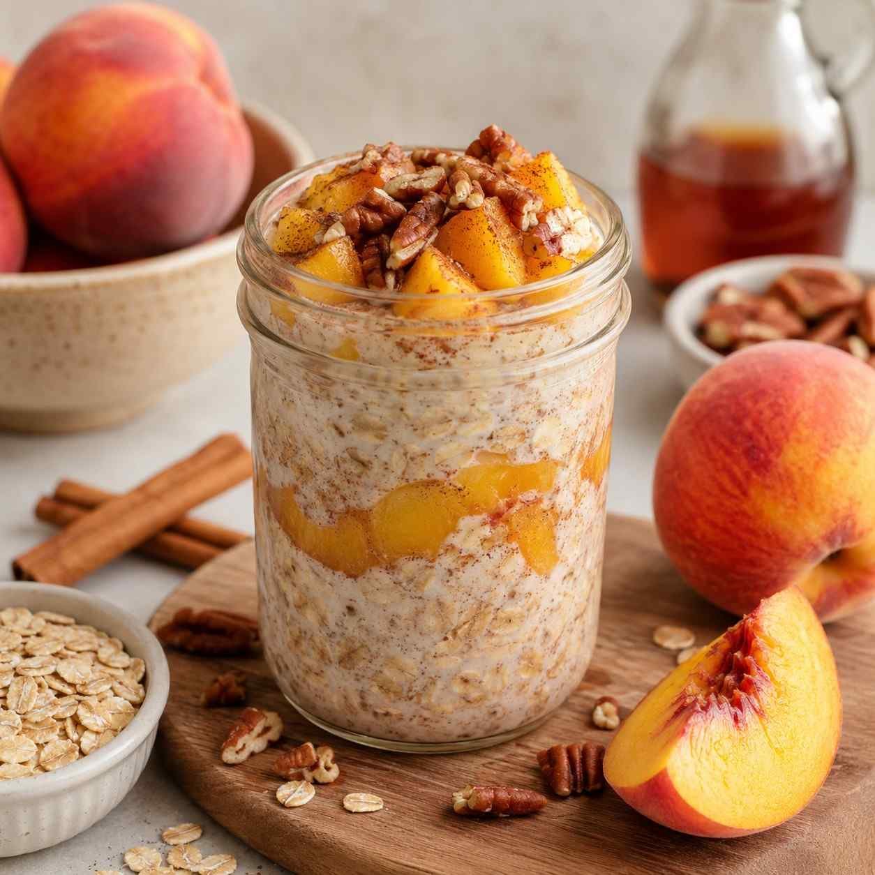 Peach Cobbler Overnight Oats with Cinnamon and Fresh Peaches