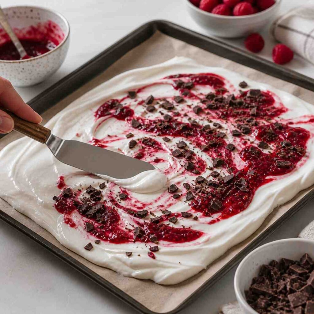 Raspberry Chocolate Coconut Yogurt Bark in preparation