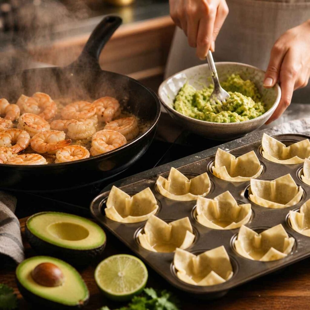 Shrimp Avocado Wonton Cups prep