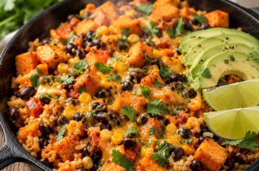 Southwest Sweet Potato Black Bean Rice Skillet