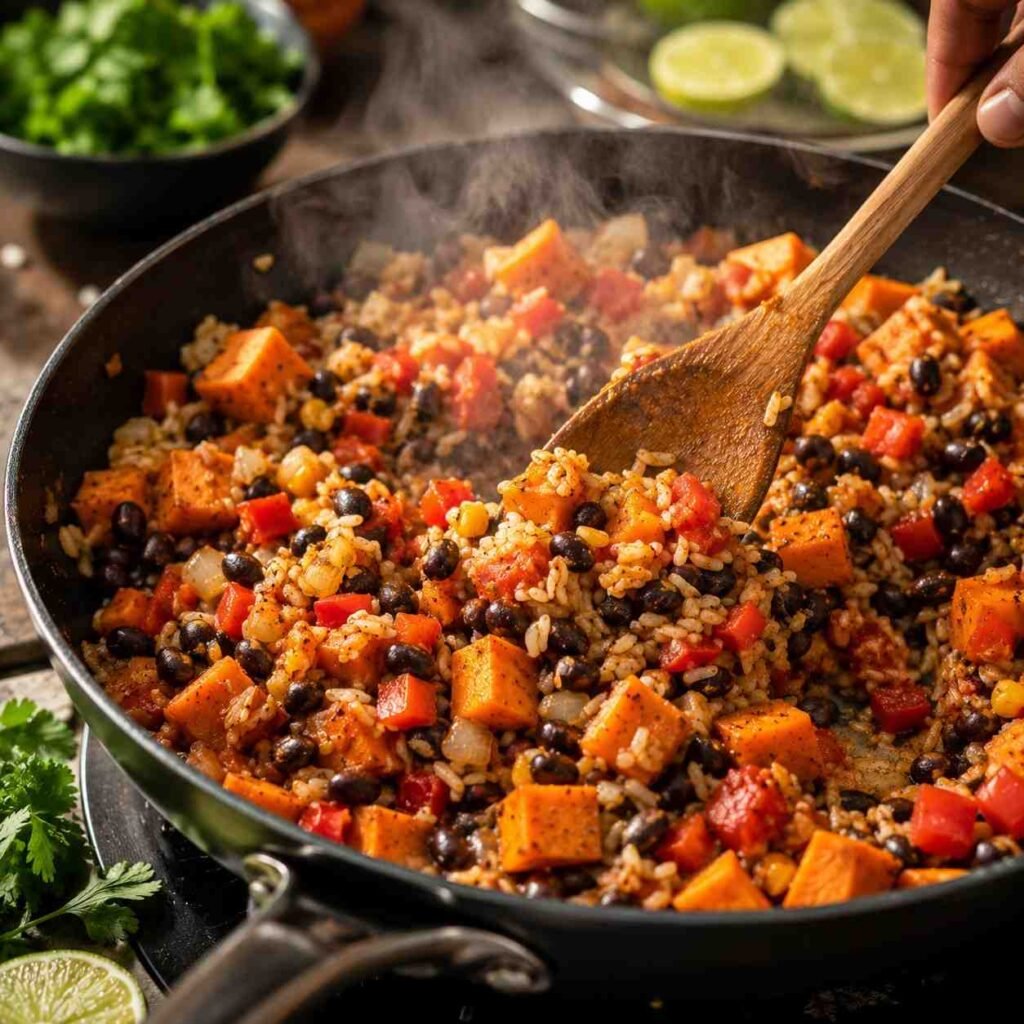 Southwest Sweet Potato Black Bean Rice Skillet prep