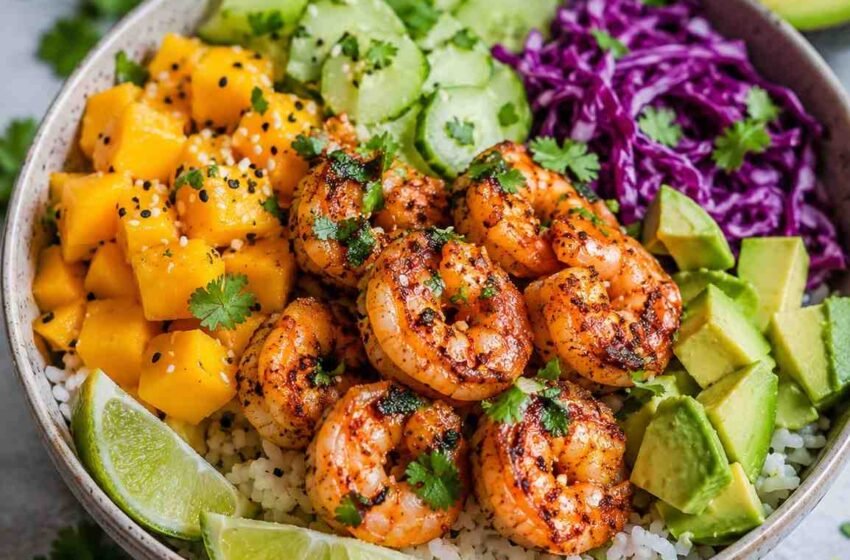 Tropical Shrimp Mango Avocado Rice Bowl