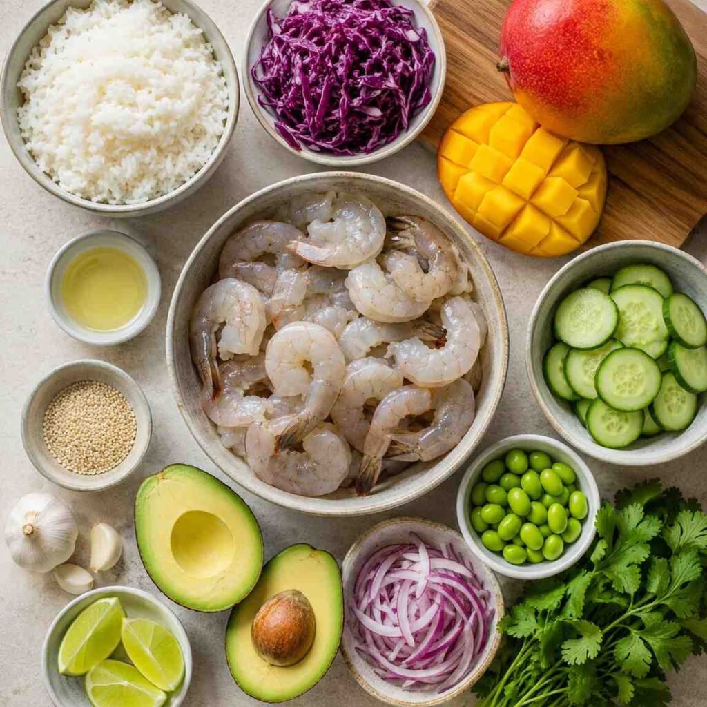 Tropical Shrimp Mango Avocado Rice Bowl ingredients