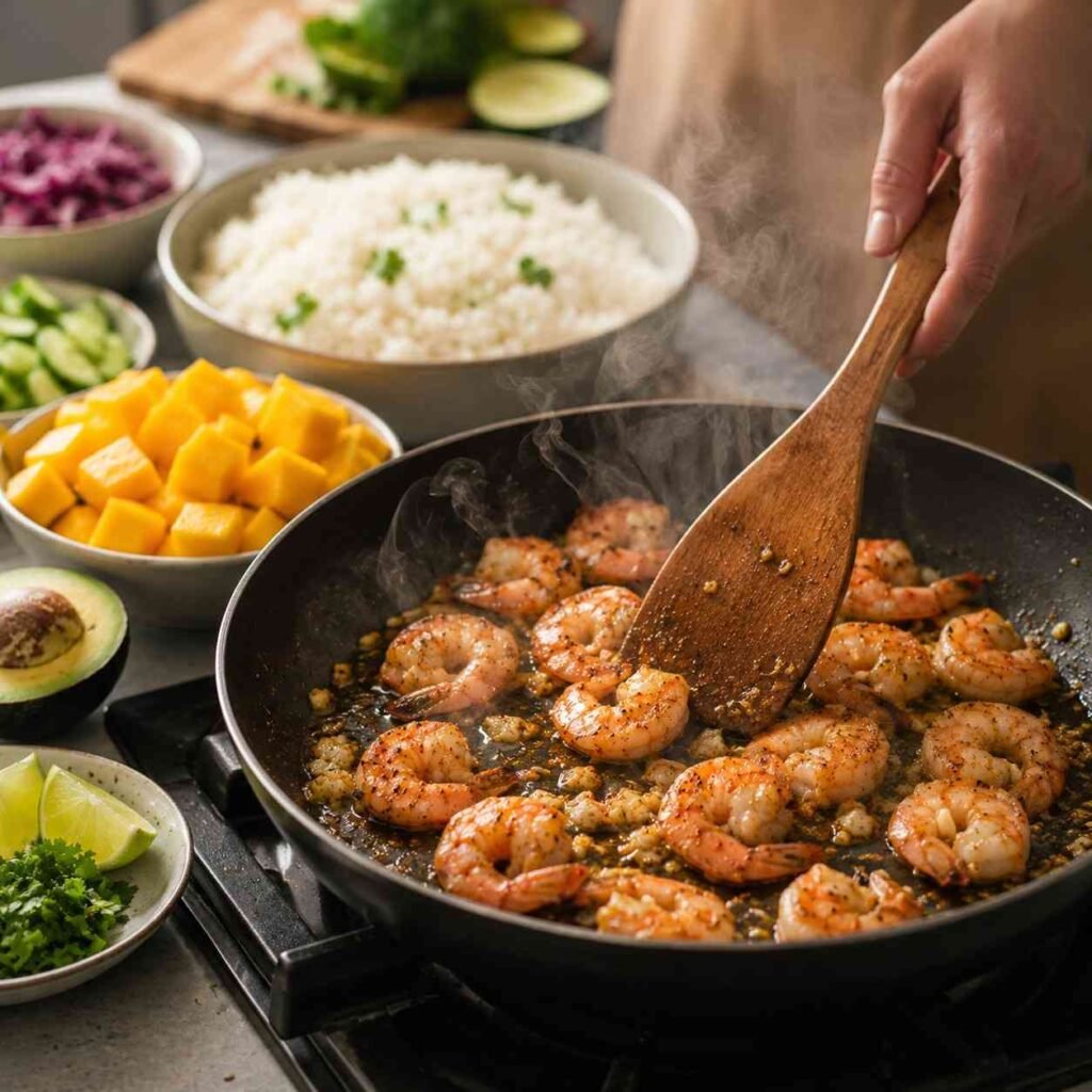 Tropical Shrimp Mango Avocado Rice Bowl prep