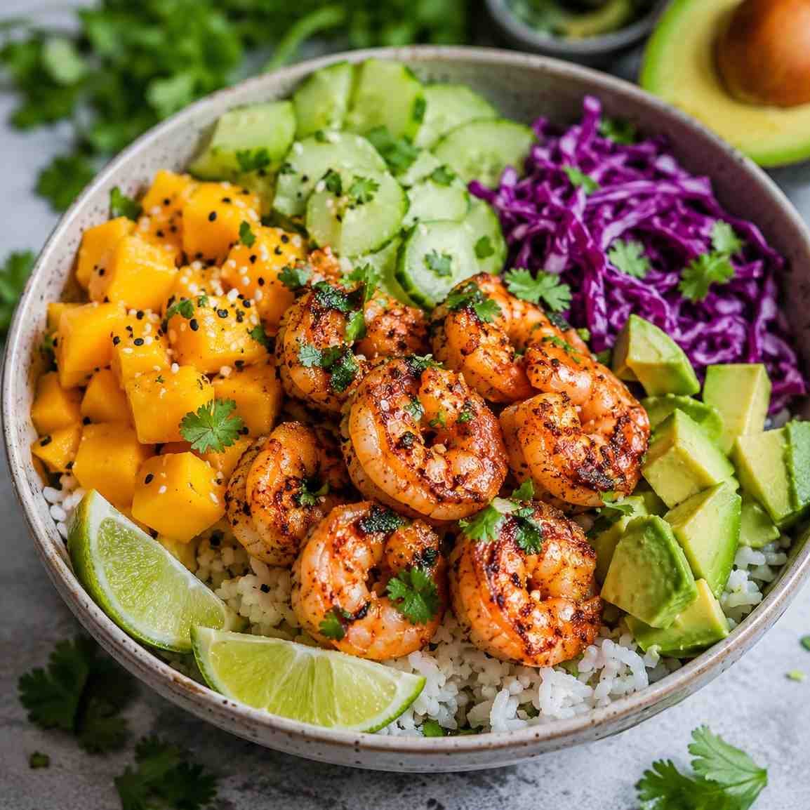 Tropical Shrimp Mango Avocado Rice Bowl