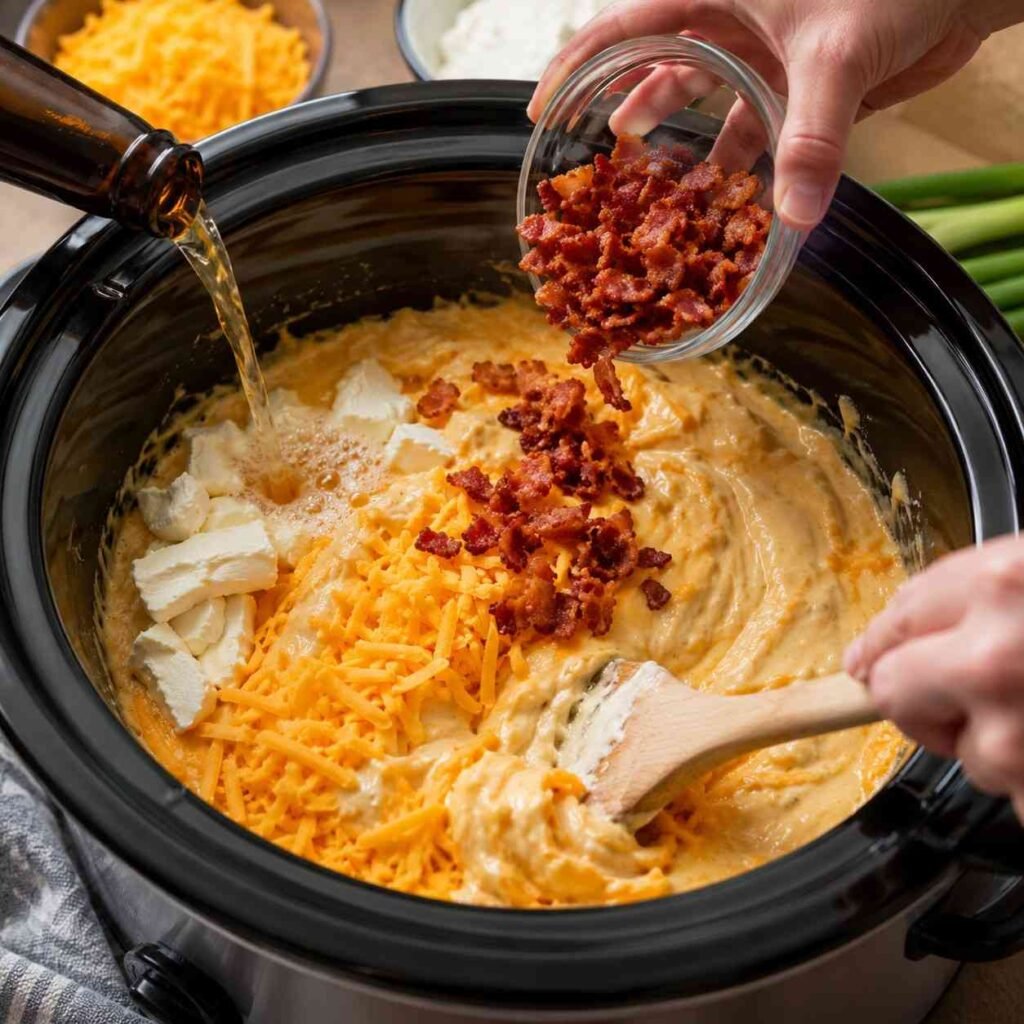 Cheddar Bacon Beer Dip prep
