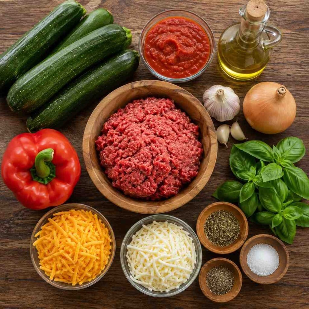 Cheesy Beef Zucchini Casserole ingredients