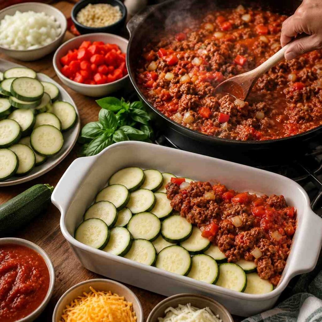 Cheesy Beef Zucchini Casserole prep