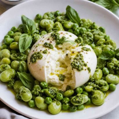 Creamy Burrata with Green Peas and Broad Beans