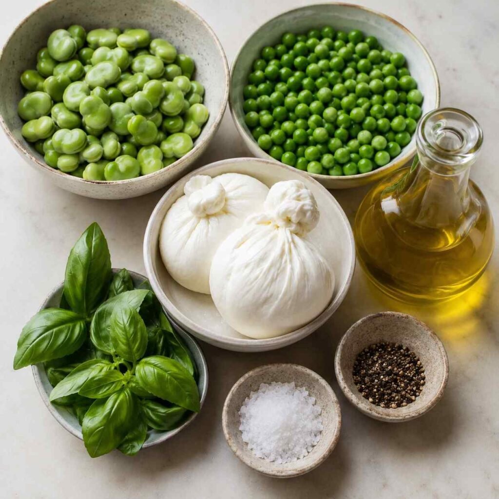 Creamy Burrata with Green Peas and Broad Beans ingredients