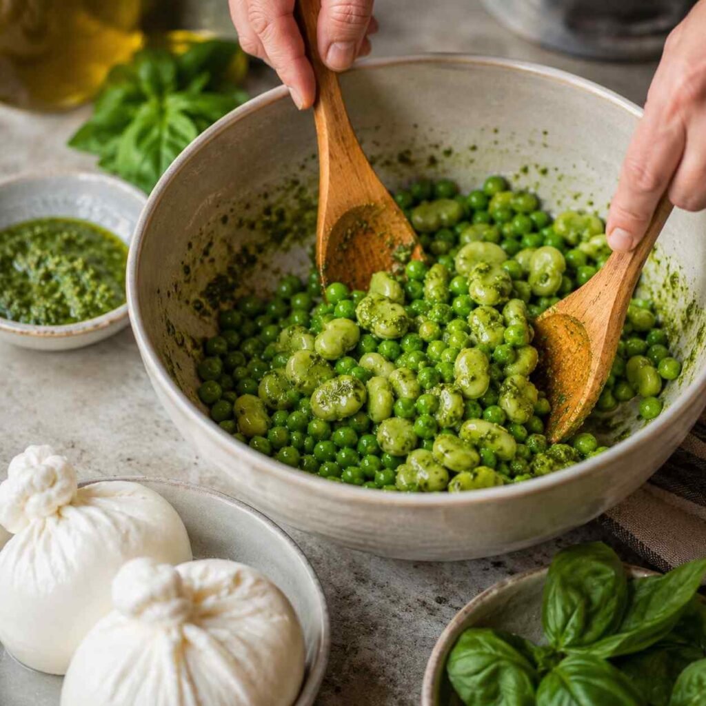 Creamy Burrata with Green Peas and Broad Beans prep
